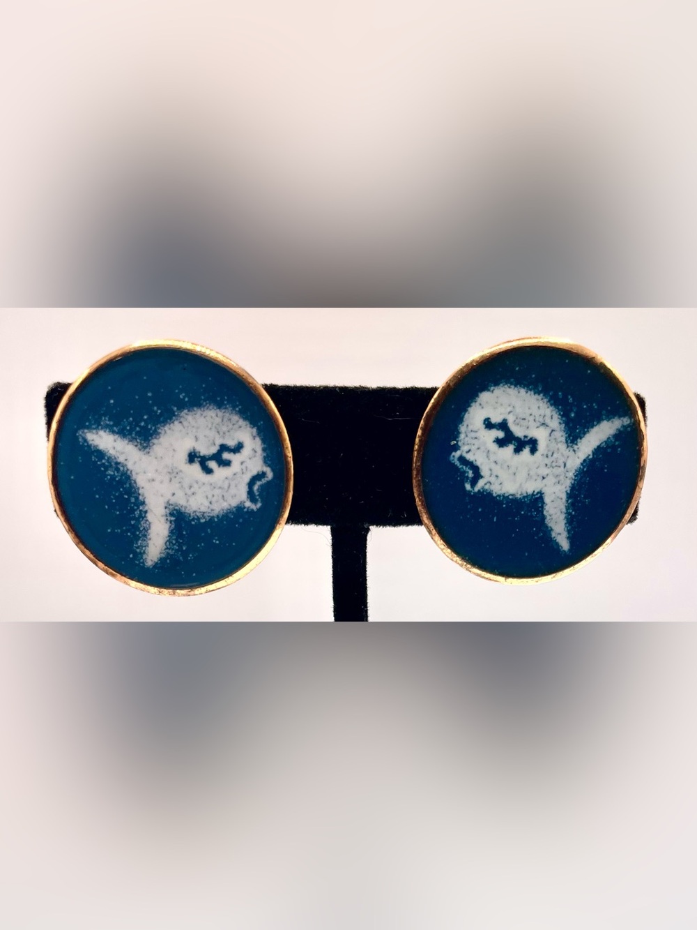 Vintage 60s Copper Enamel Screwback Earrings Blue White Mid Century